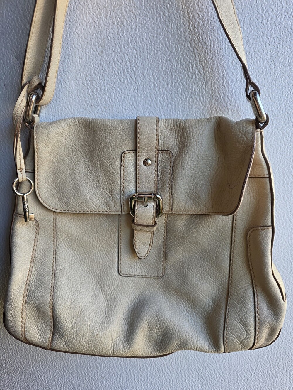 FOSSIL VINTAGE Y2K Cream Leather Crossbody Shoulder Bag Boho Coastal Western